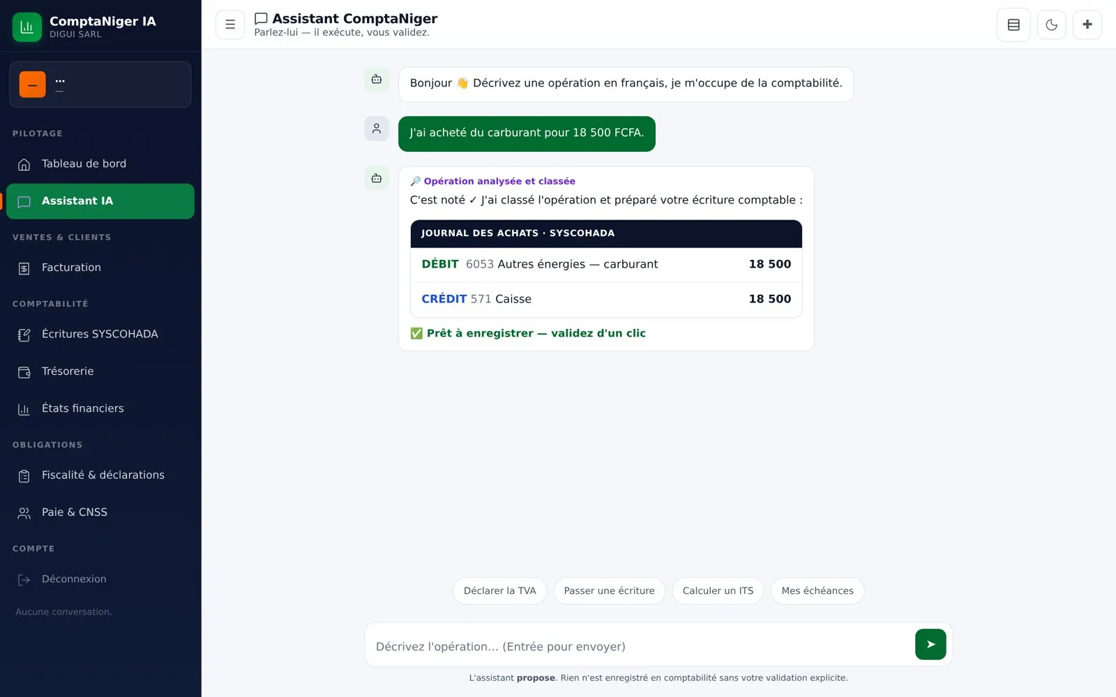 Assistant IA ComptaNiger — conversation en français, écriture SYSCOHADA générée